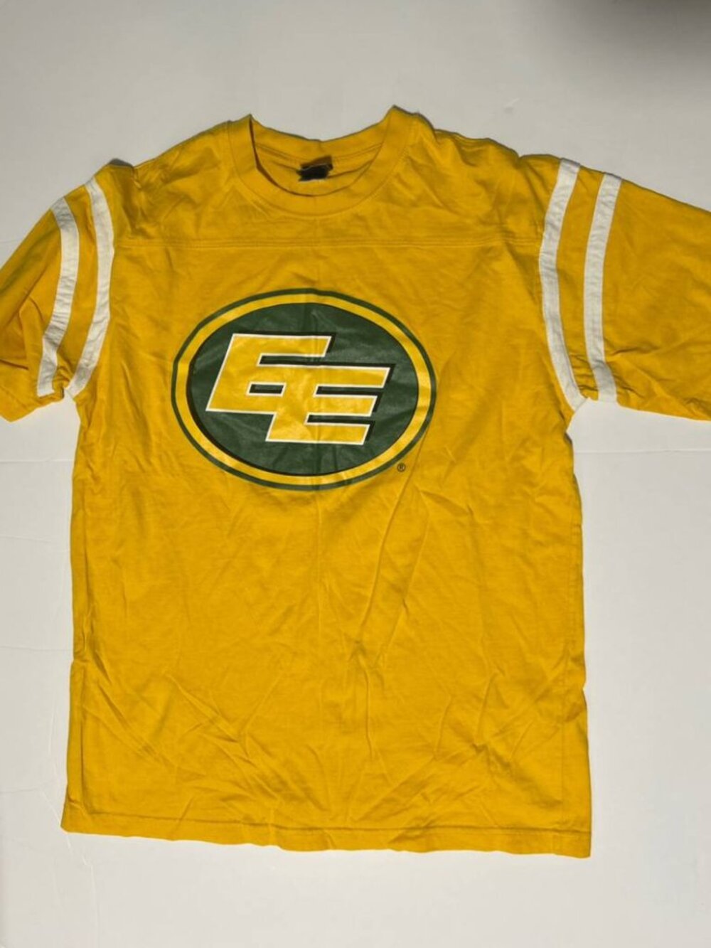 Bright yellow with the classic green and white Double E logo and football-style